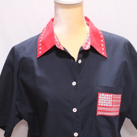 Karen Scott Sport Red White and Navy Blue Short Sleeve Top - Picture 2 of 12